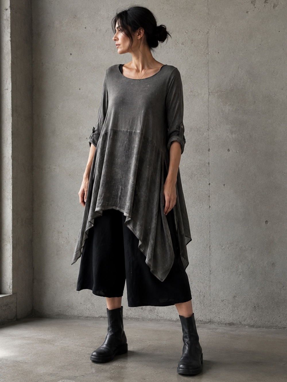 Avant Garde Lagenlook Asymmetric Tunic Top Mushroom Gray Mixed Media Est L